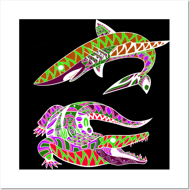 shark and alligator attack ecopop tribal totonac pattern art Wall Art by jorge_lebeau